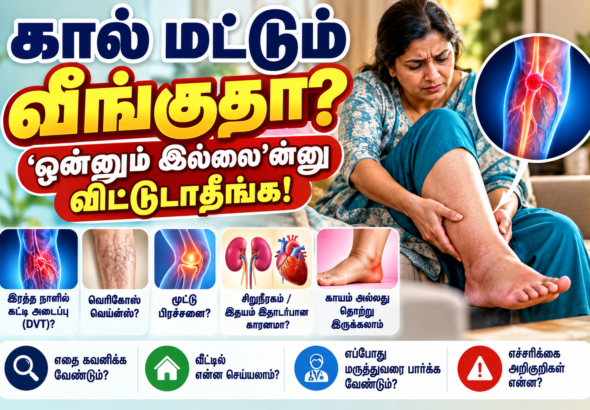 கால் வீக்கம் பற்றிய தமிழ் சுகாதார விழிப்புணர்வு படம், தெளிவான அவுட்லைன் எழுத்துகளுடன்