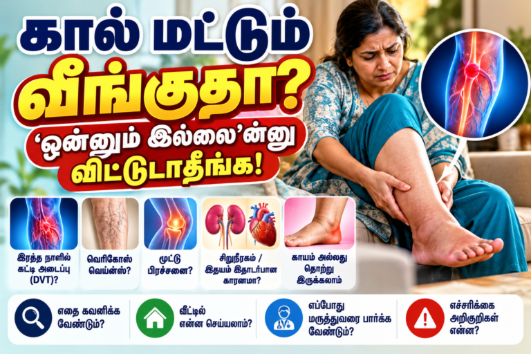 கால் வீக்கம் பற்றிய தமிழ் சுகாதார விழிப்புணர்வு படம், தெளிவான அவுட்லைன் எழுத்துகளுடன்