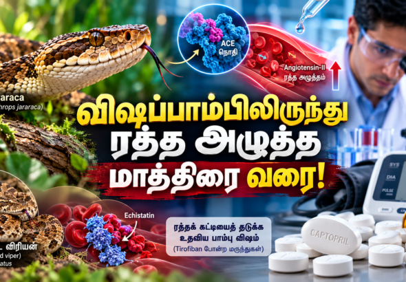 ஜராரகா விஷப்பாம்பு, ஆய்வக ஆராய்ச்சி, ரத்த அழுத்தம் மற்றும் கேப்டோபிரில் மருந்தை விளக்கும் அறிவியல் படம்