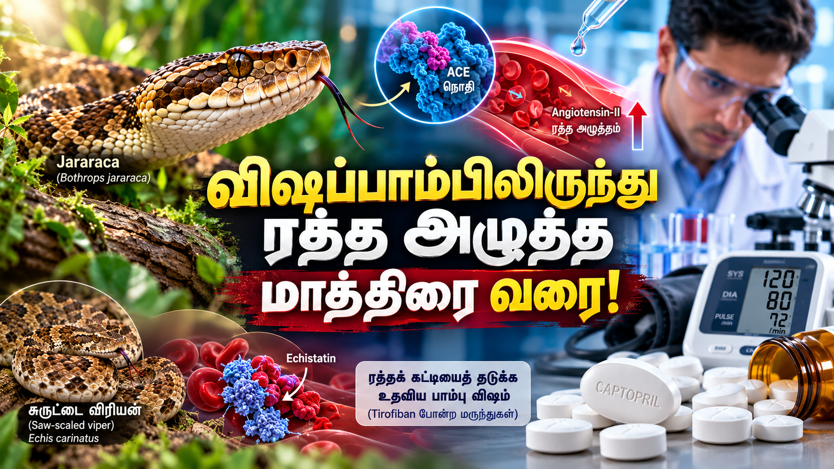 ஜராரகா விஷப்பாம்பு, ஆய்வக ஆராய்ச்சி, ரத்த அழுத்தம் மற்றும் கேப்டோபிரில் மருந்தை விளக்கும் அறிவியல் படம்